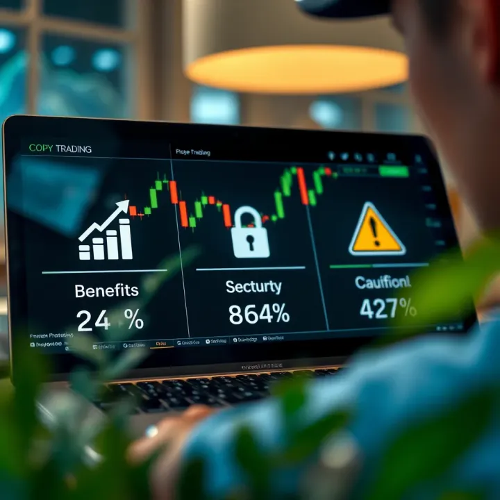 Benefits and Risks of Copy Trading Explored Illustration of benefits and risks in copy trading with icons for growth, security, and caution