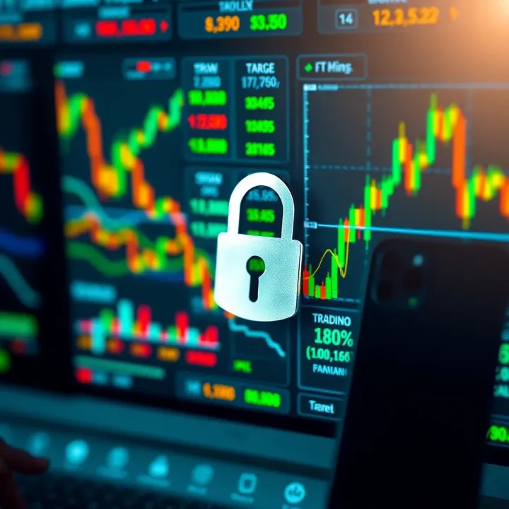 Digital interface showing various binary options trading charts and security padlock symbol