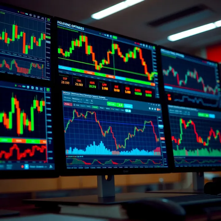 Digital interface showing various binary options trading platforms with graphs and charts