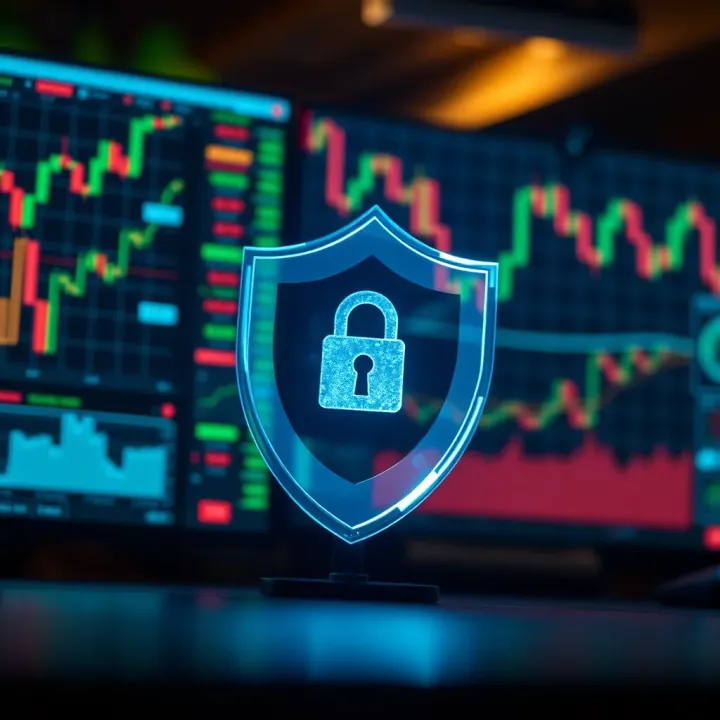 Secure trading environment symbolized by shield and financial charts representing trust and regulatory compliance