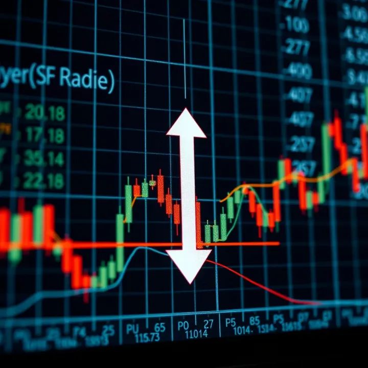 Graph showing the fluctuating values in a binary options market with up and down arrows