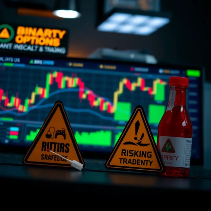 Illustration of risk factors and safety measures for trading in binary options with charts and warning signs