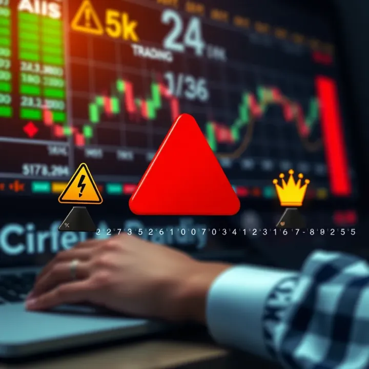 Visual representation of risk factors and strategies involved in binary options investment with caution symbols and financial graphs
