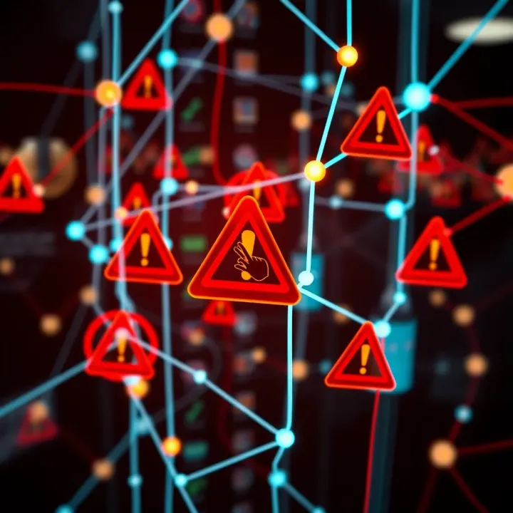 Illustration showing a digital network with warning symbols highlighting potential binary options scam activities
