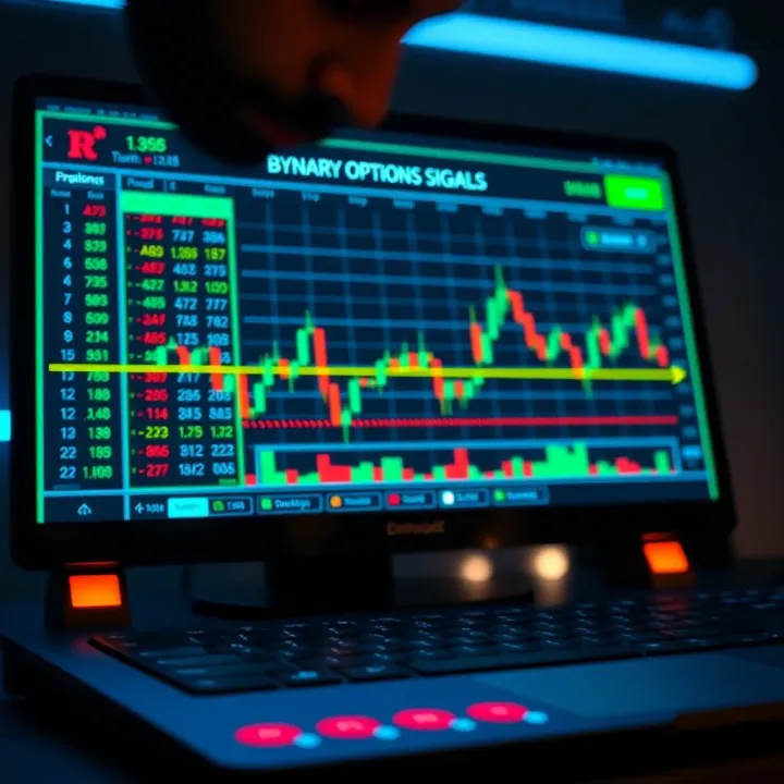 Illustration showing a digital interface displaying binary options signals analysis