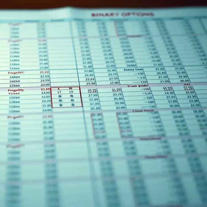 Spreadsheet layout showing binary options trades with columns for entry, exit, and profit loss
