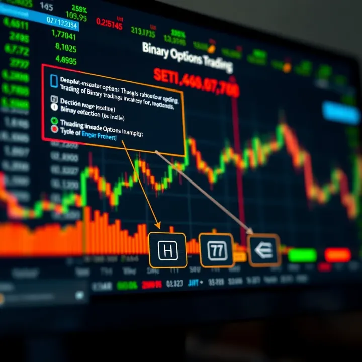 Diagram illustrating the concept and mechanics of binary options trading with financial charts and decision points