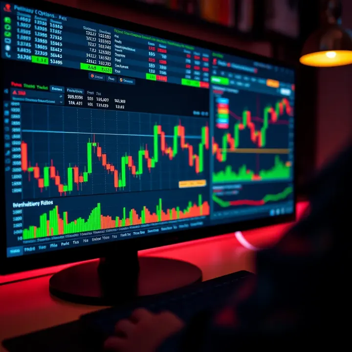 Spreadsheet displaying binary options trading data and financial graphs on a computer screen