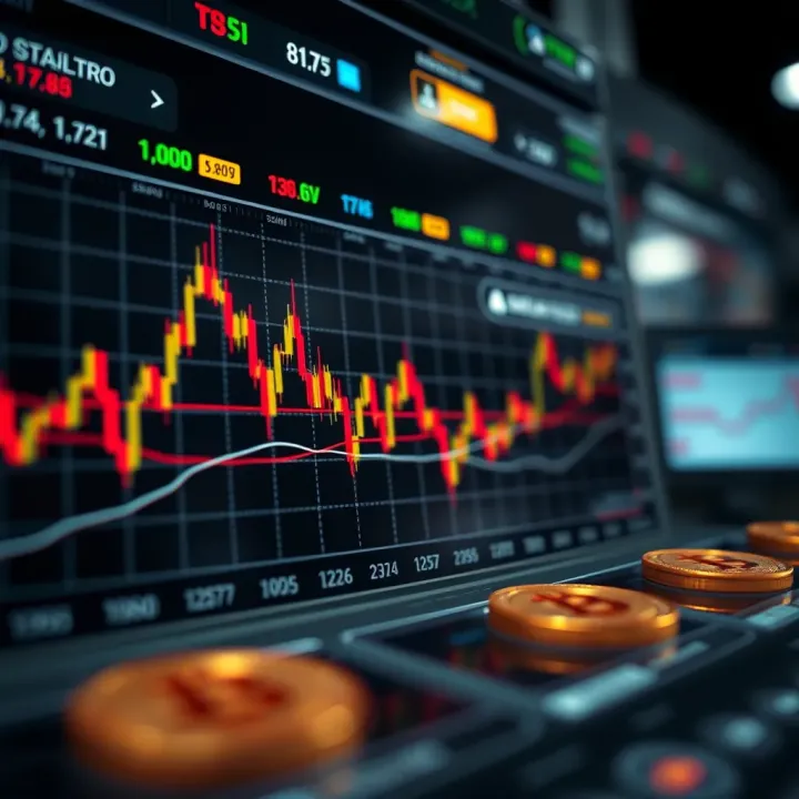 Graph showing bitcoin price fluctuations with indicators for day trading strategies