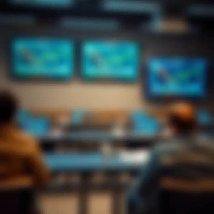 Classroom setting with digital screens displaying financial data and trading strategies