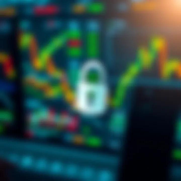 Secure Trading Environment for Binary Options Digital interface showing various binary options trading charts and security padlock symbol