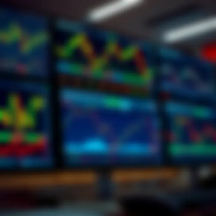 Digital interface showing various binary options trading platforms with graphs and charts