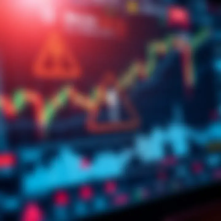 Risk management concept for binary options with digital charts and warning symbols