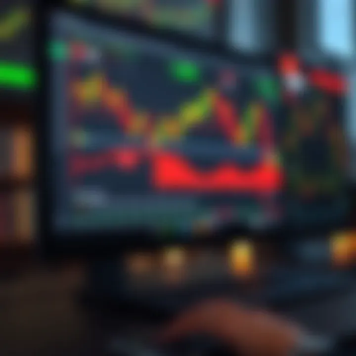 Illustration showing a computer screen with a binary options trading platform displaying charts and market data