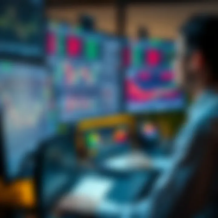 Financial trader analyzing charts on multiple computer screens in a modern trading setup