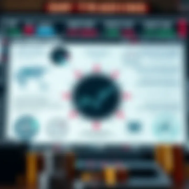 Graphical representation of day trading strategies including technical analysis tools and risk management concepts