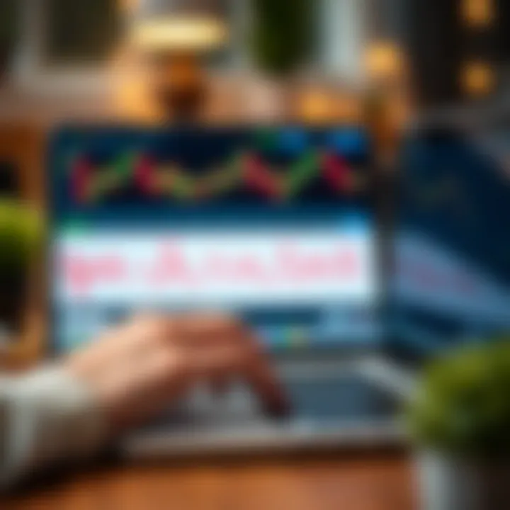 Close-up of hands using a trading platform on a laptop