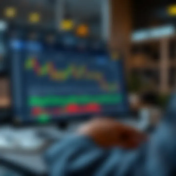 Illustration of a virtual trading platform interface showing simulated financial charts and trading options