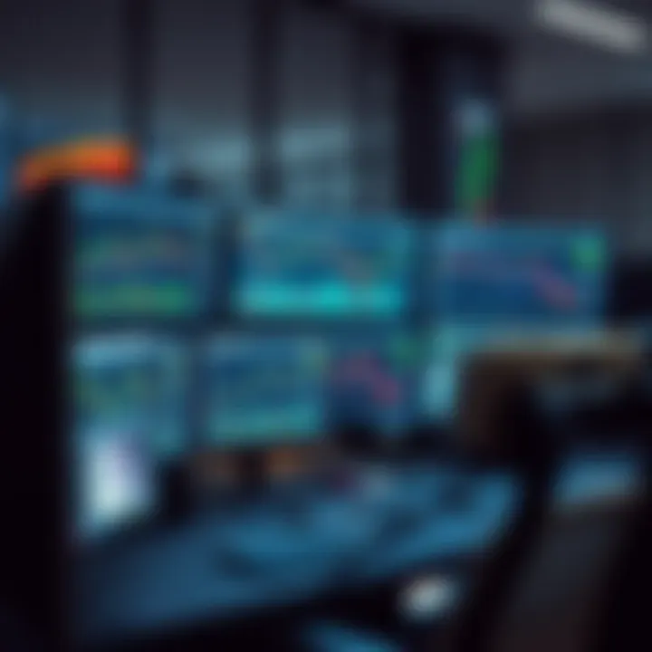 Workspace setup with multiple monitors showing trading graphs and analysis tools