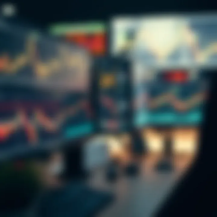 Trading workstation showing multiple monitors with stock performance graphs and data analytics