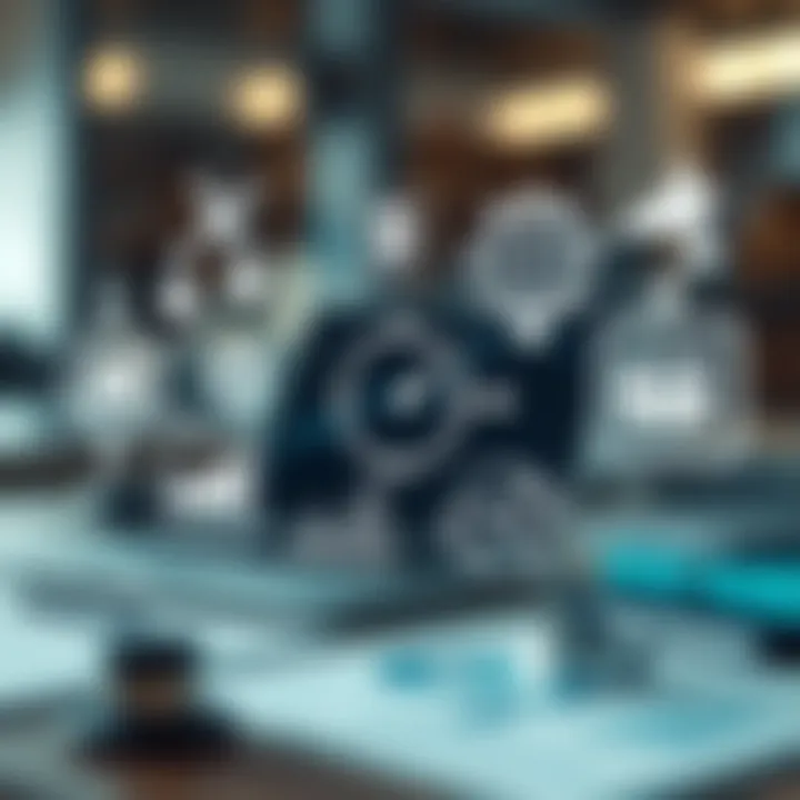 Illustration of digital tools and software icons used for market research and data evaluation