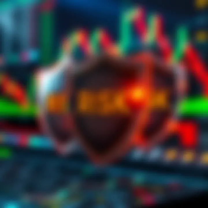 Visual of risk management concepts with protective shields overlaying financial graphs