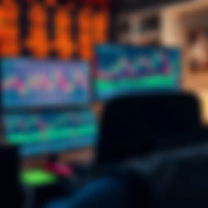 Trading workstation displaying multiple screens with real-time market data and candlestick charts