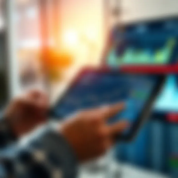 Investor analyzing financial data on a digital tablet with economic charts