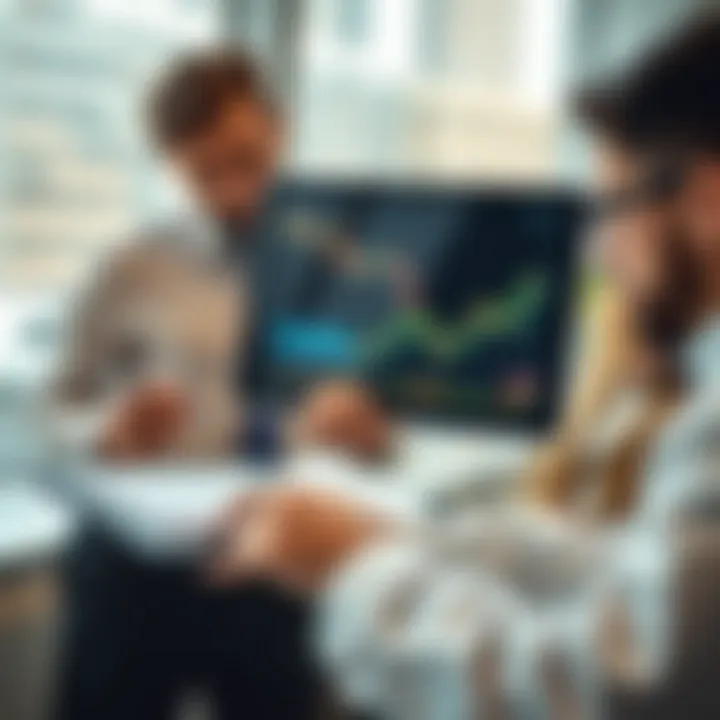 Business professionals analyzing market data charts and graphs on a digital tablet