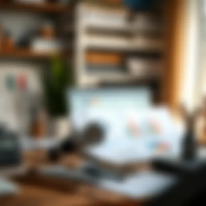 Toolkit of essential market research instruments and software on a workspace