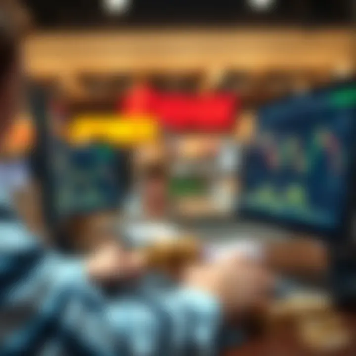Conceptual illustration of practicing currency exchange strategies using a computer with digital currency symbols