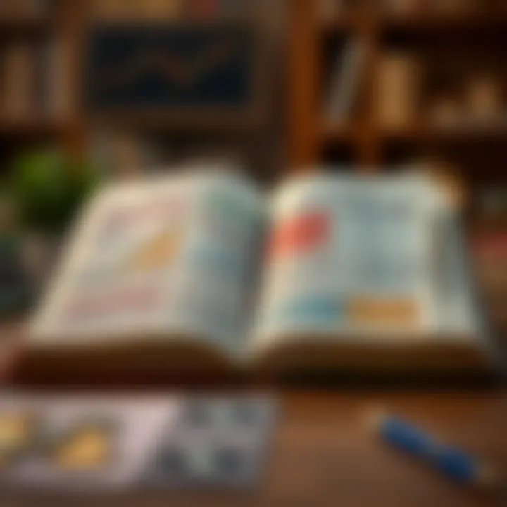 Open book with highlighted financial charts and notes on trading strategies
