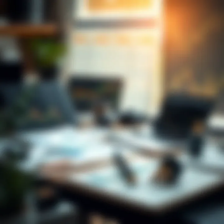 Workspace with charts, laptop, and notes illustrating market data analysis