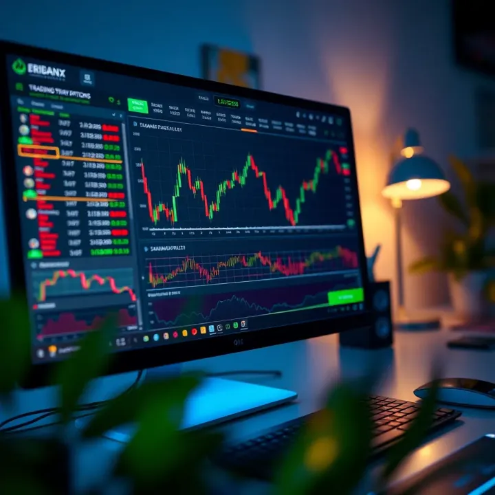Computer screen displaying various binary options trading platforms with charts and asset lists