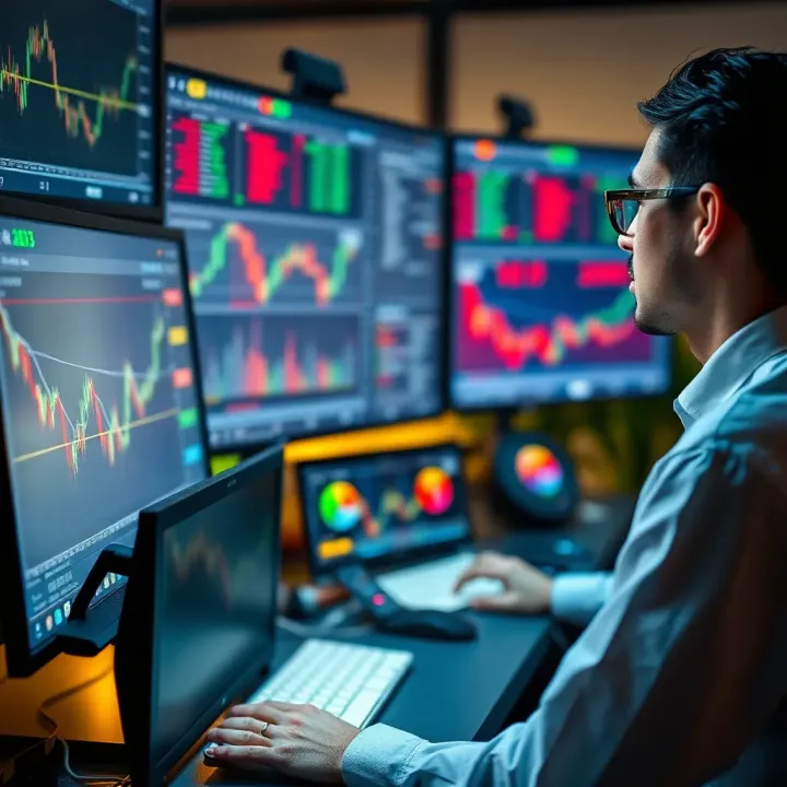 Choosing the Best Broker for Day Trading Platforms Financial trader analyzing charts on multiple computer screens in a modern trading setup