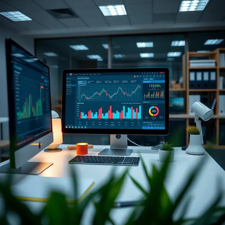 Clear Virtual Workspace with Investment Charts for Demo Account Efficiency Clean and tidy virtual workspace with clear charts and graphs for investment testing