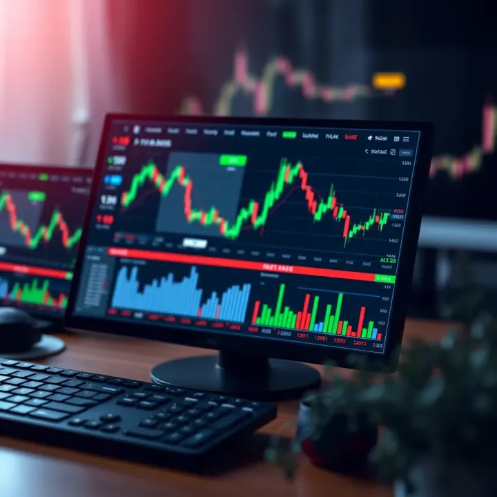 Illustration showing the concept of binary options trading platforms with various financial charts and a digital interface