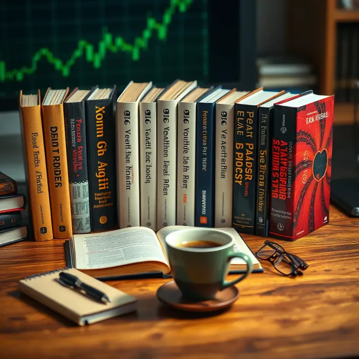 Collection of essential day trading books arranged on a wooden desk with a notebook and a cup of coffee