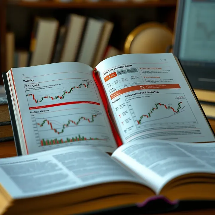 Open financial book with charts and candlestick patterns highlighted
