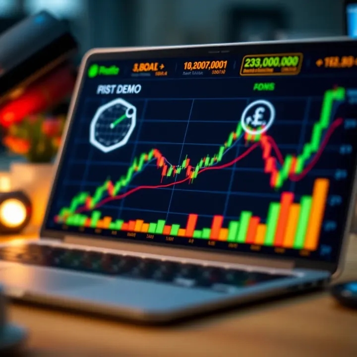 Risk-Free Trading Practice Using Demo Account Graphical representation of financial market trends with icons symbolizing risk-free trading practice
