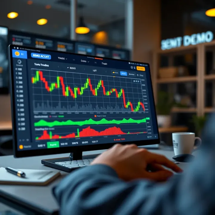Illustration of a virtual trading platform interface showing simulated financial charts and trading options