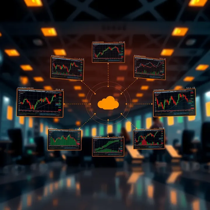 Digital illustration showing the concept of copy trading with multiple financial charts connected to a central trader