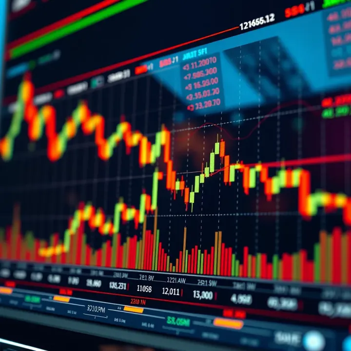 Graph illustrating cryptocurrency price fluctuations with candlestick patterns and volume indicators
