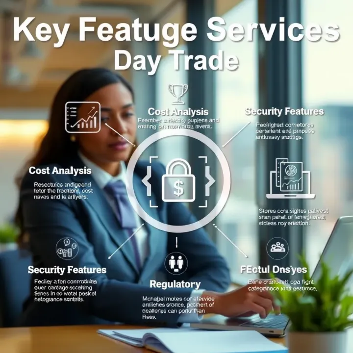 Illustration showing key elements of brokerage services including cost analysis, security features, and regulatory compliance