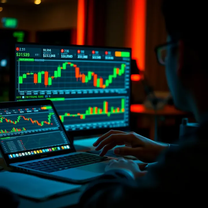 Engaging with Financial Data for Trading Decisions Illustration of a person using a laptop displaying financial data and graphs