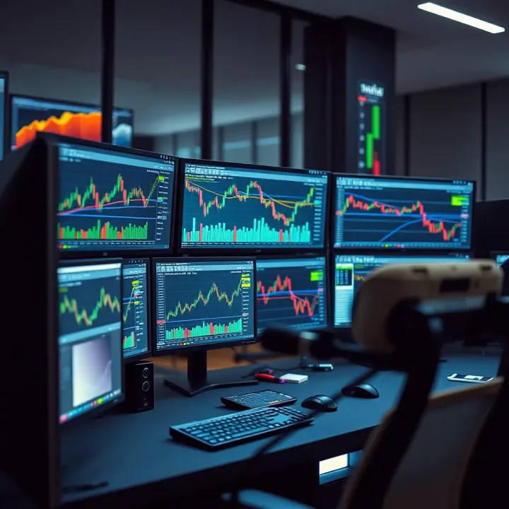 Multi-Screen Trading Setup with Analytical Tools Workspace setup with multiple monitors showing trading graphs and analysis tools