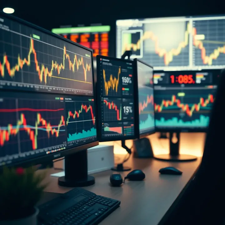 Utilizing Analytical Tools to Identify Promising Stocks for Day Trading Trading workstation showing multiple monitors with stock performance graphs and data analytics