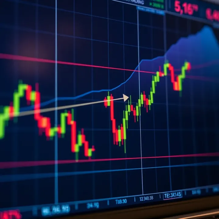 Graph showing price movements on a candlestick chart with technical indicators