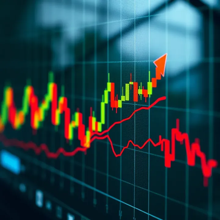 Graph displaying upward and downward trends for day trading signals on a digital financial chart