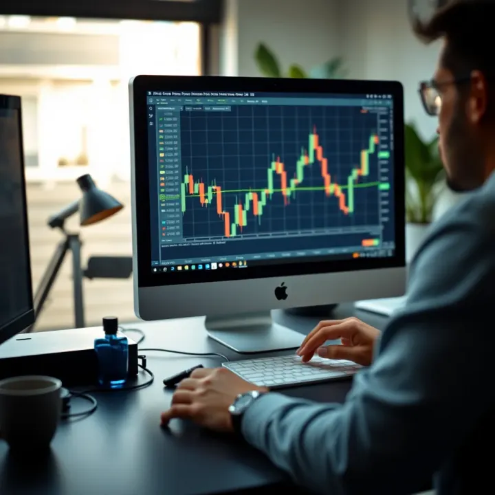 Demonstration of practicing binary options trading on a computer using a demo account interface